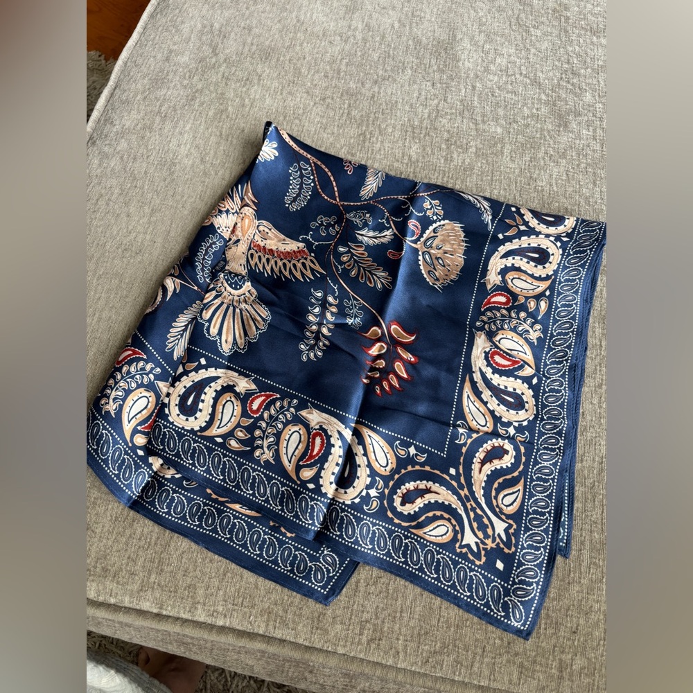 Silk Navy Scarf with Bird/Floral/Paisley Design